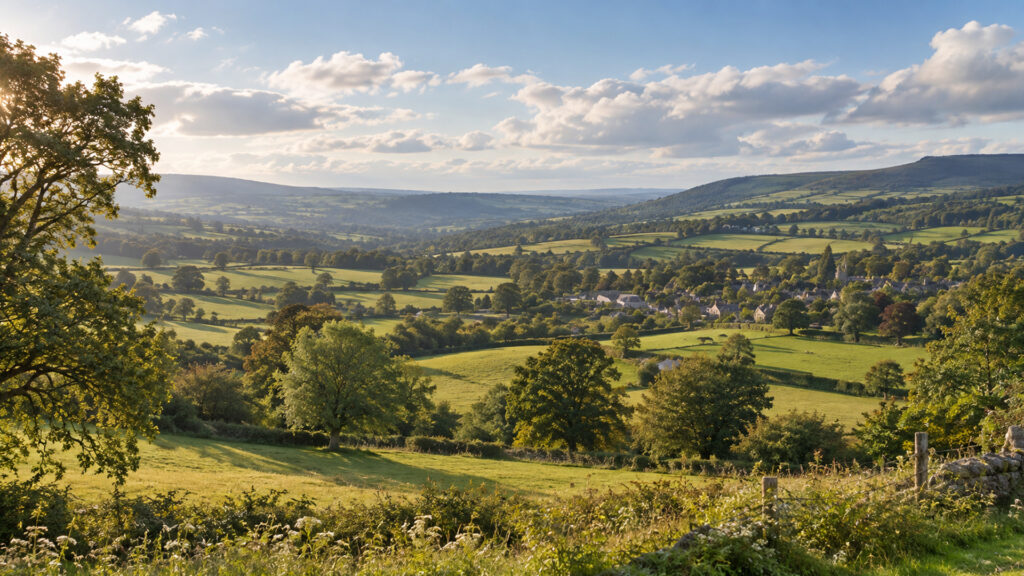 Rolling Welsh countryside with fields, hedgerows and a village settlement nestled within the landscape